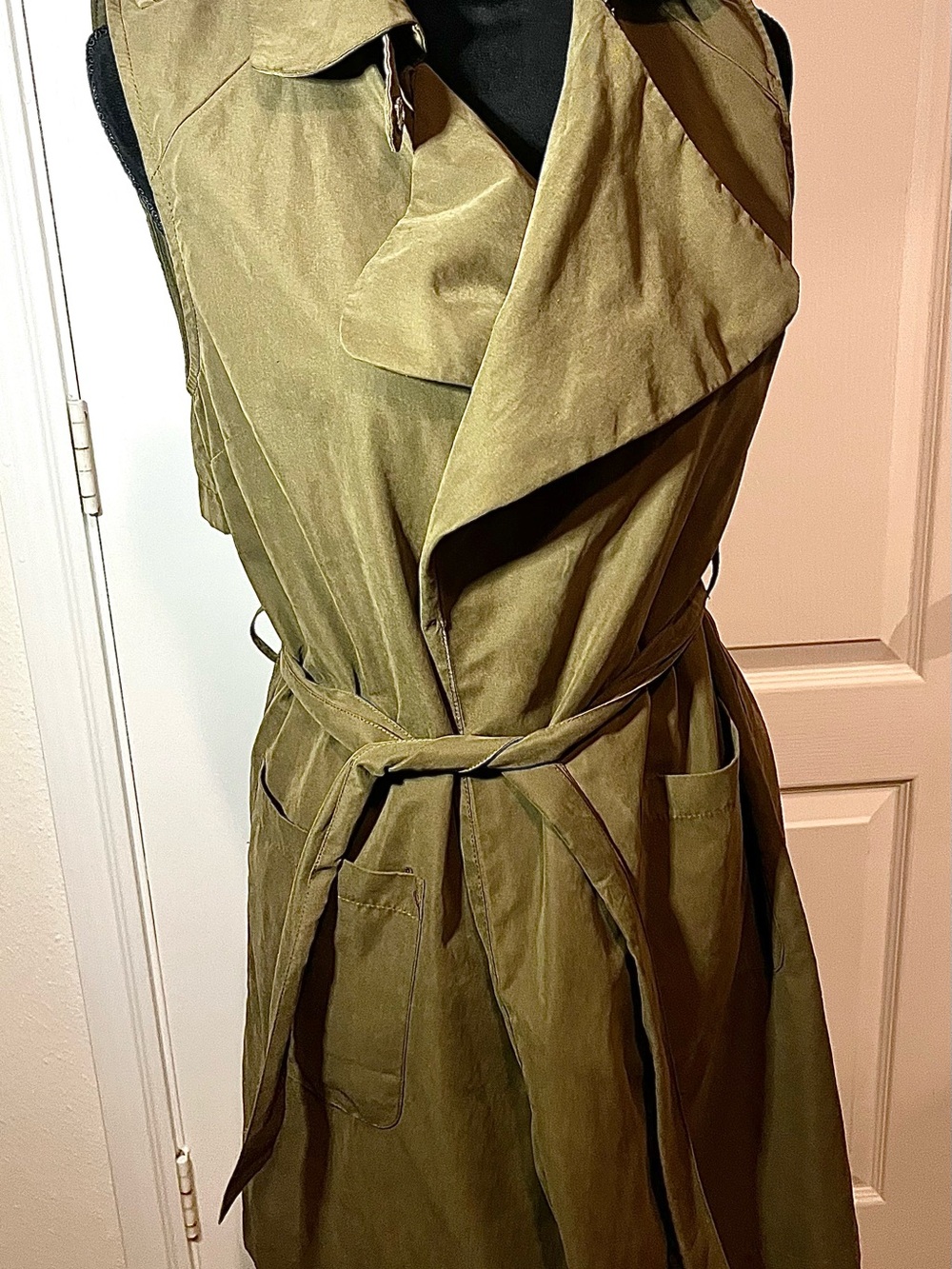 Olive Green Sleeveless Trench Vest with Waist Tie
